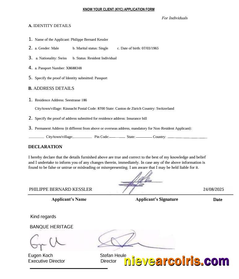Switzerland Banque Heritage Know Your Client (KYC) Application Form